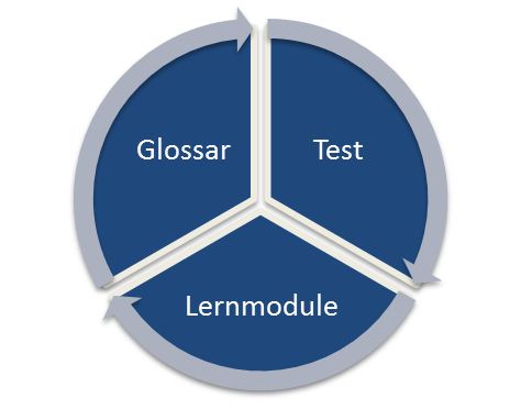 zeigt Aufbau des Tools bestehend aus drei Bausteinen: Test, Lernmodule und Glossar. Grafik Ende.